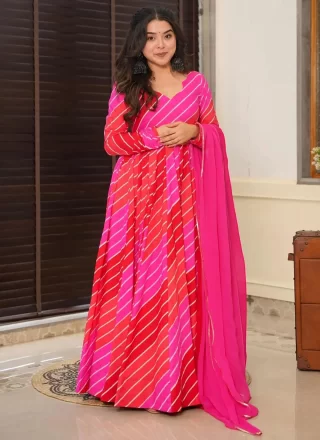 Digital Print Work Rayon Designer Gown In Pink and Rani