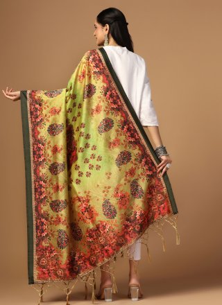 Digital Print Work Silk Dupatta In Green