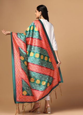 Digital Print Work Silk Dupatta In Rama