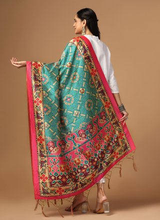Digital Print Work Silk Dupatta In Rama for Festival