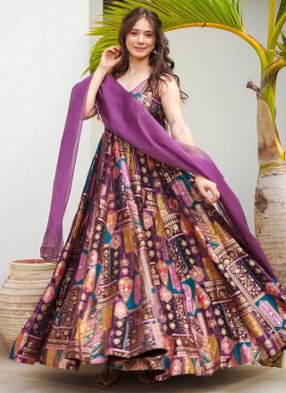Digital Print Work Silk Gown In Purple Color