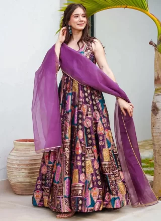 Digital Print Work Silk Gown In Purple Color