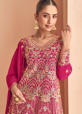 Dignified Fuchsia Georgette Readymade Salwar Suit with Embroidered Work