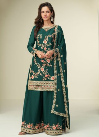 Dignified Green Chinon Readymade Salwar Suit with Embroidered and Floral Patch Work