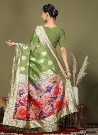 Dignified Green Cotton Classic Saree with Digital Print Work