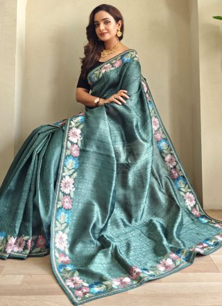 Dignified Teal Tussar Silk Contemporary Sari
