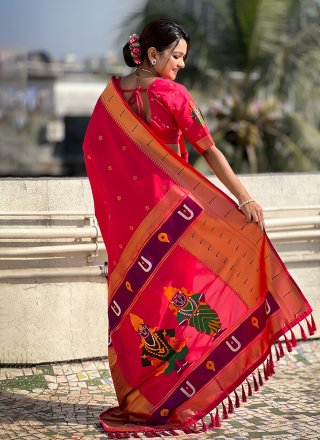 Distinctive Hot Pink Silk Classic Sari with Woven Work