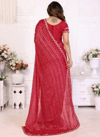 Distinctive Rani and Red Chiffon Designer Sari