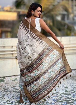 Distinctively Brown Chanderi Classic Saree with Print and Woven Work
