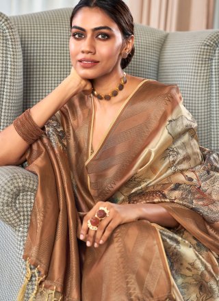 Distinctively Brown Handloom Silk Contemporary Saree with Print and Weaving Work