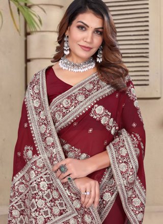 Distinguishable Maroon Georgette Contemporary Saree