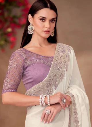Distinguishable Off White Faux Georgette Contemporary Sari with Patch Border and Embroidered Work