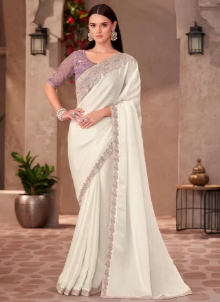 Distinguishable Off White Faux Georgette Contemporary Sari with Patch Border and Embroidered Work