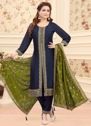 Divine Blue Silk Churidar Suit with Embroidered and Zari Work