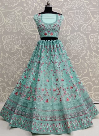 Dori, Embroidered, Fancy, Floral Patch, Sequins and Zircon Work Net A - Line Lehenga Choli In Blue and Firozi