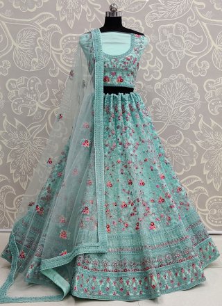 Dori, Embroidered, Fancy, Floral Patch, Sequins and Zircon Work Net A - Line Lehenga Choli In Blue and Firozi