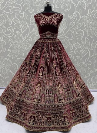 Dori, Embroidered, Multi, Sequins, Thread and Zari Work Velvet Lehenga Choli In Maroon