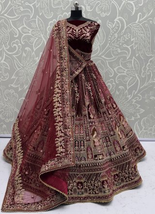 Dori, Embroidered, Multi, Sequins, Thread and Zari Work Velvet Lehenga Choli In Maroon