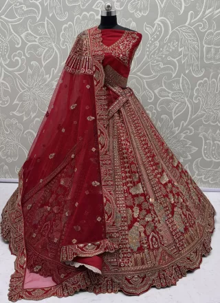 Dori, Embroidered, Sequins, Thread and Zari Work Silk Lehenga Choli In Red for Bridal