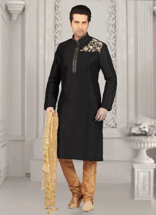 Dupion Silk Kurta Pyjama In Black Colour