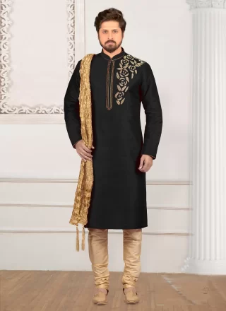 Dupion Silk Kurta Pyjama In Black Colour