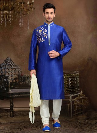 Dupion Silk Kurta Pyjama In Blue
