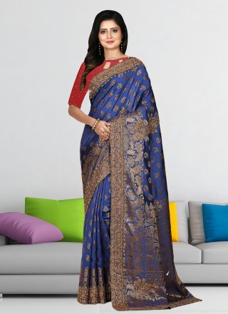 Elegant Blue Kanjivaram Silk Contemporary Saree with Hand Work