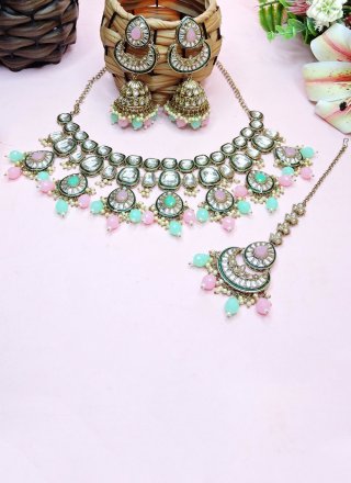 Elegant Multi Colour Diamond, Moti and Stone Work Necklace Set