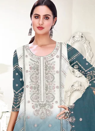 Elite Morpeach Organza Pant Style Suit with Embroidered and Sequins Work