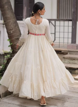 Elite Off White Cotton Gown with Embroidered, Gamthi, Multi and Thread Work