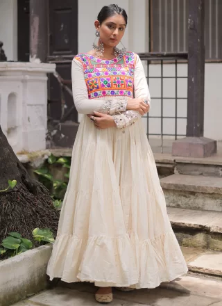 Elite Off White Cotton Gown with Embroidered, Gamthi, Multi and Thread Work