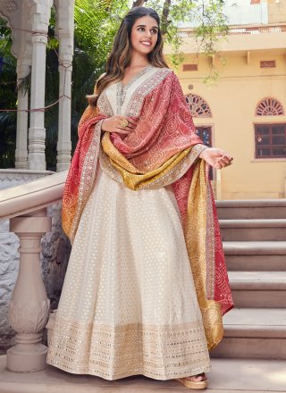 Elite Off White Silk Gown with Embroidered, Jacquard and Mirror Work