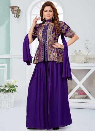 Elite Violet Silk Readymade Salwar Suit with Embroidered, Sequins and Zari Work