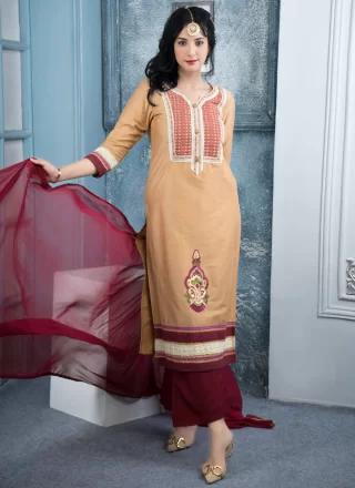 Embroidered and Fancy Work Cotton Silk Salwar Suit In Cream for Mehndi