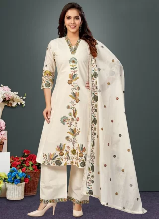 Embroidered and Floral Patch Work Cotton Straight Salwar Suit In Off White for Ceremonial