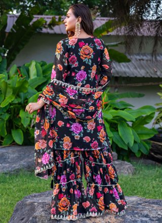 Embroidered and Floral Patch Work Georgette Sharara Set In Black Color