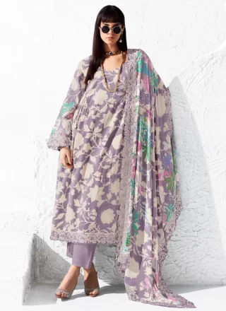 Embroidered and Floral Patch Work Muslin Pant Style Suit In Lavender Colour
