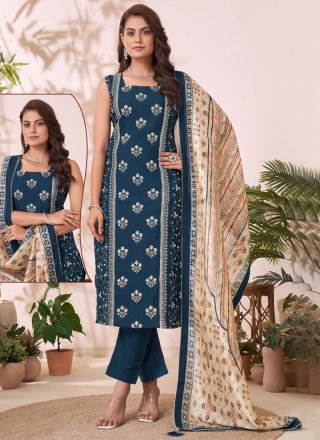 Embroidered and Floral Patch Work Silk Readymade Salwar Suit In Blue