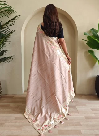 Embroidered and Floral Patch Work Tussar Silk Classic Saree In Peach for Ceremonial