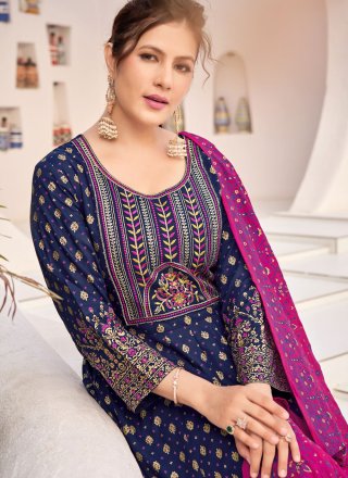 Embroidered and Foil Print Work Rayon Gown In Blue for Casual