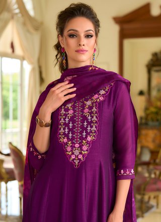 Embroidered and Hand Work Vichitra Silk Pant Style Suit In Purple