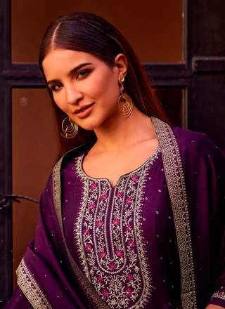 Embroidered and Hand Work Vichitra Silk Salwar Suit In Purple Color