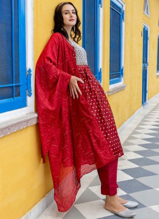 Embroidered and Jacquard Work Chanderi Salwar Suit In Rani for Ceremonial