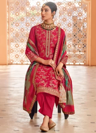 Embroidered and Jacquard Work Pure Dola Salwar Suit In Magenta