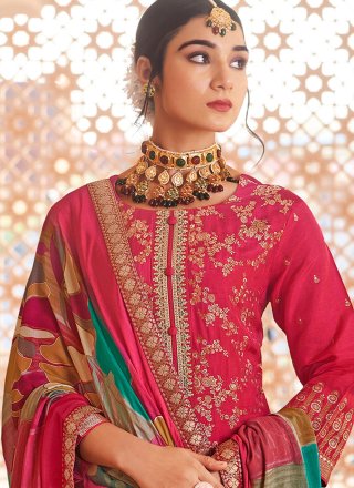 Embroidered and Jacquard Work Pure Dola Salwar Suit In Magenta