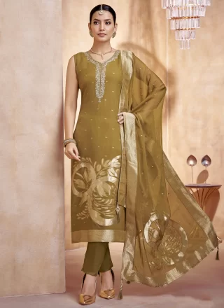 Embroidered and Jacquard Work Silk Readymade Salwar Suit In Green