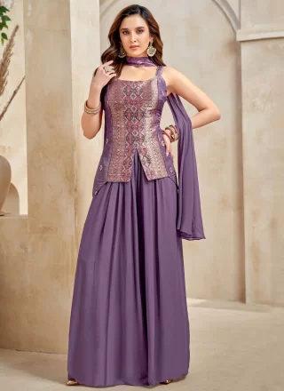 Embroidered and Jacquard Work Silk Salwar Suit In Lavender for Ceremonial