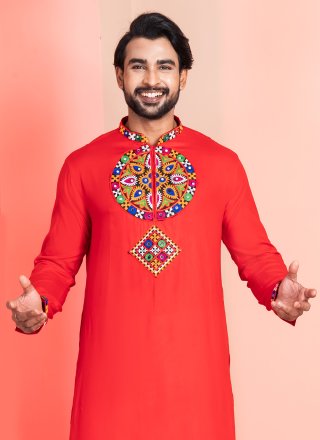 Embroidered and Lace Work Rayon Kurta Pyjama In Red Color