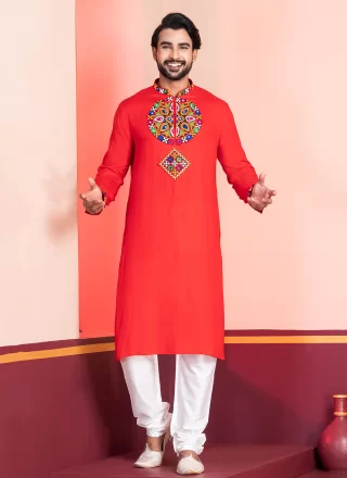 Embroidered and Lace Work Rayon Kurta Pyjama In Red Color