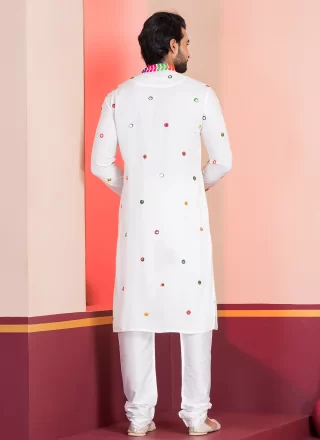 Embroidered and Lace Work Rayon Kurta Pyjama In White